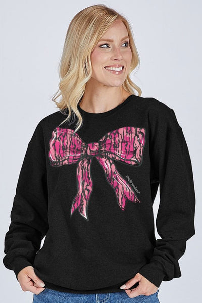Simply Southern Pink Camo Bow Crewneck for Women in Black