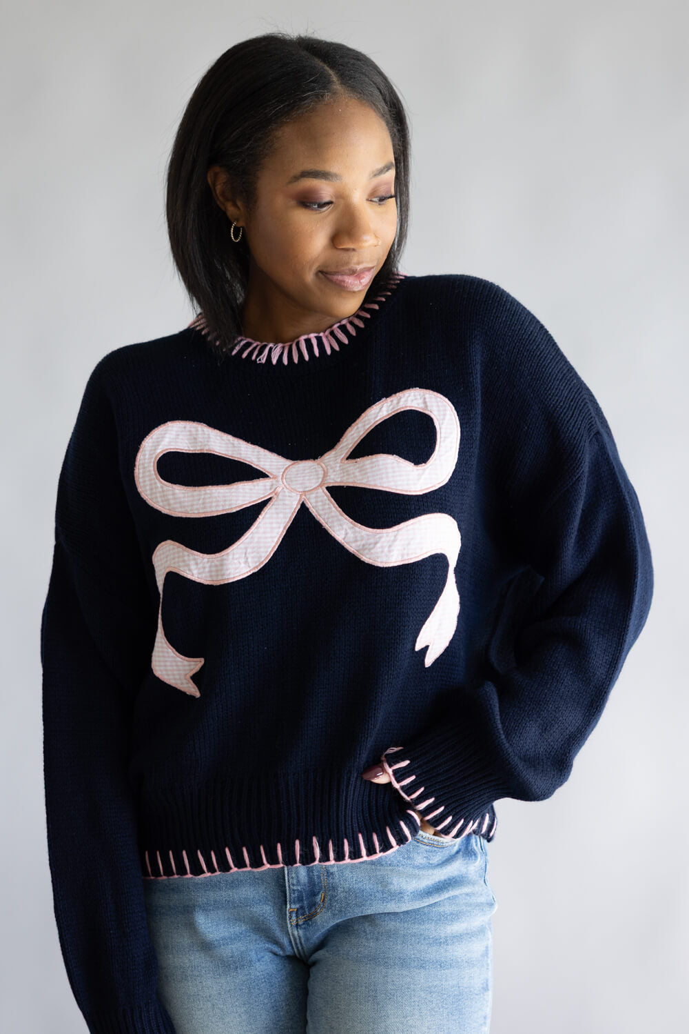 Simply Southern Blanket Stitch Bow Sweater for Women in Navy