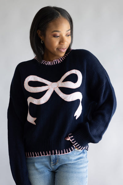 Simply Southern Blanket Stitch Bow Sweater for Women in Navy