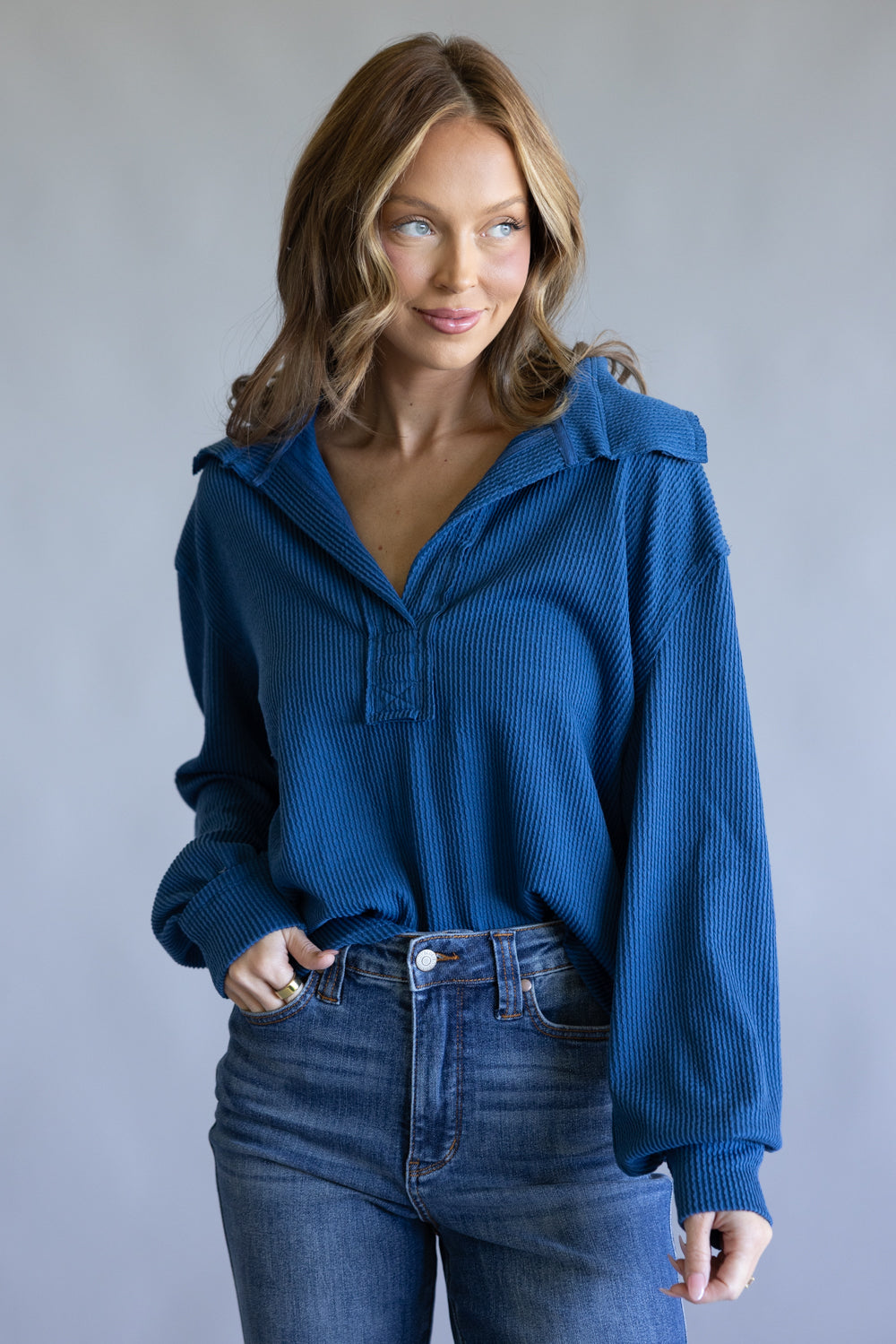 Simply Southern Knit Johnny Collar for Women in Dark Blue