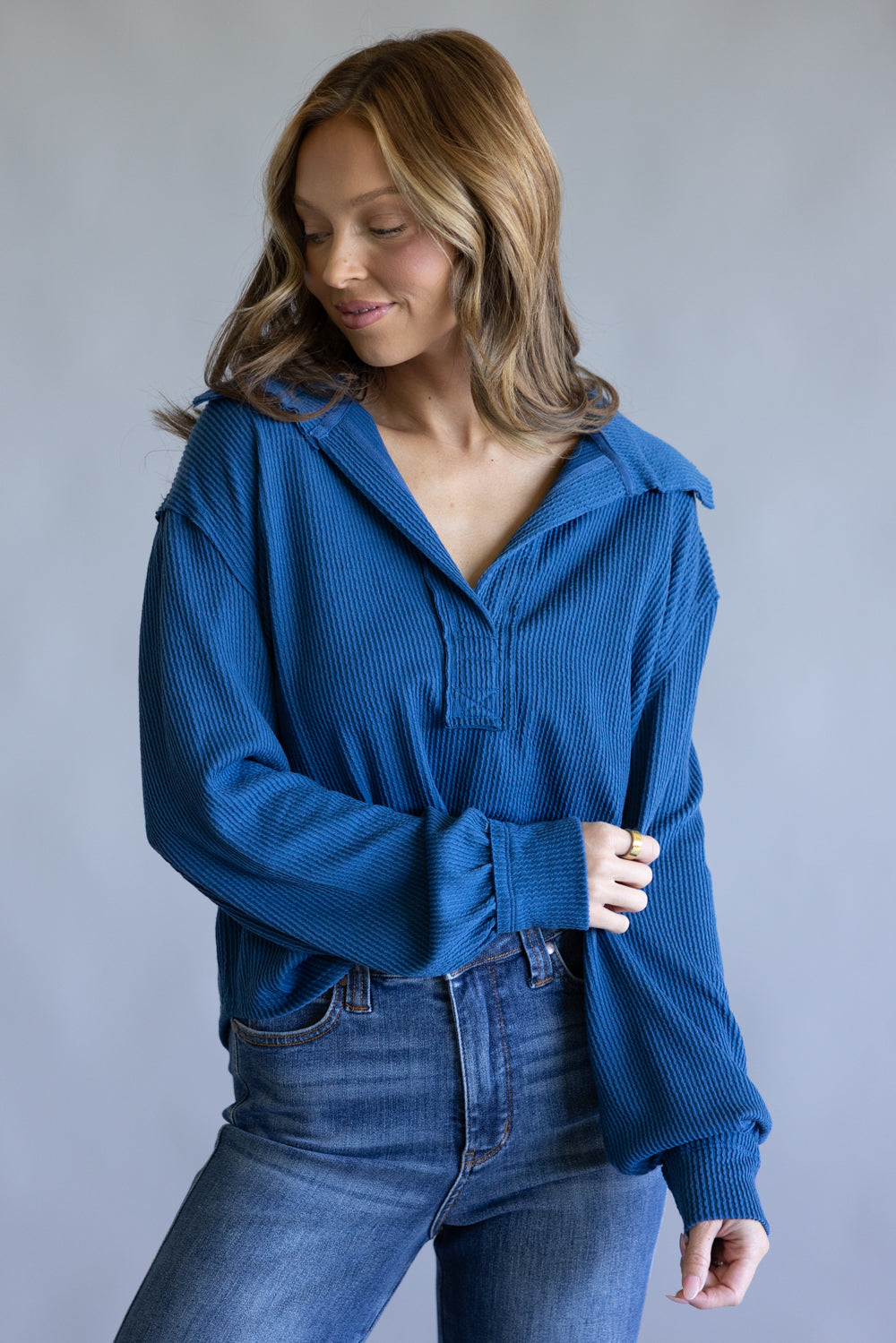 Simply Southern Knit Johnny Collar for Women in Dark Blue