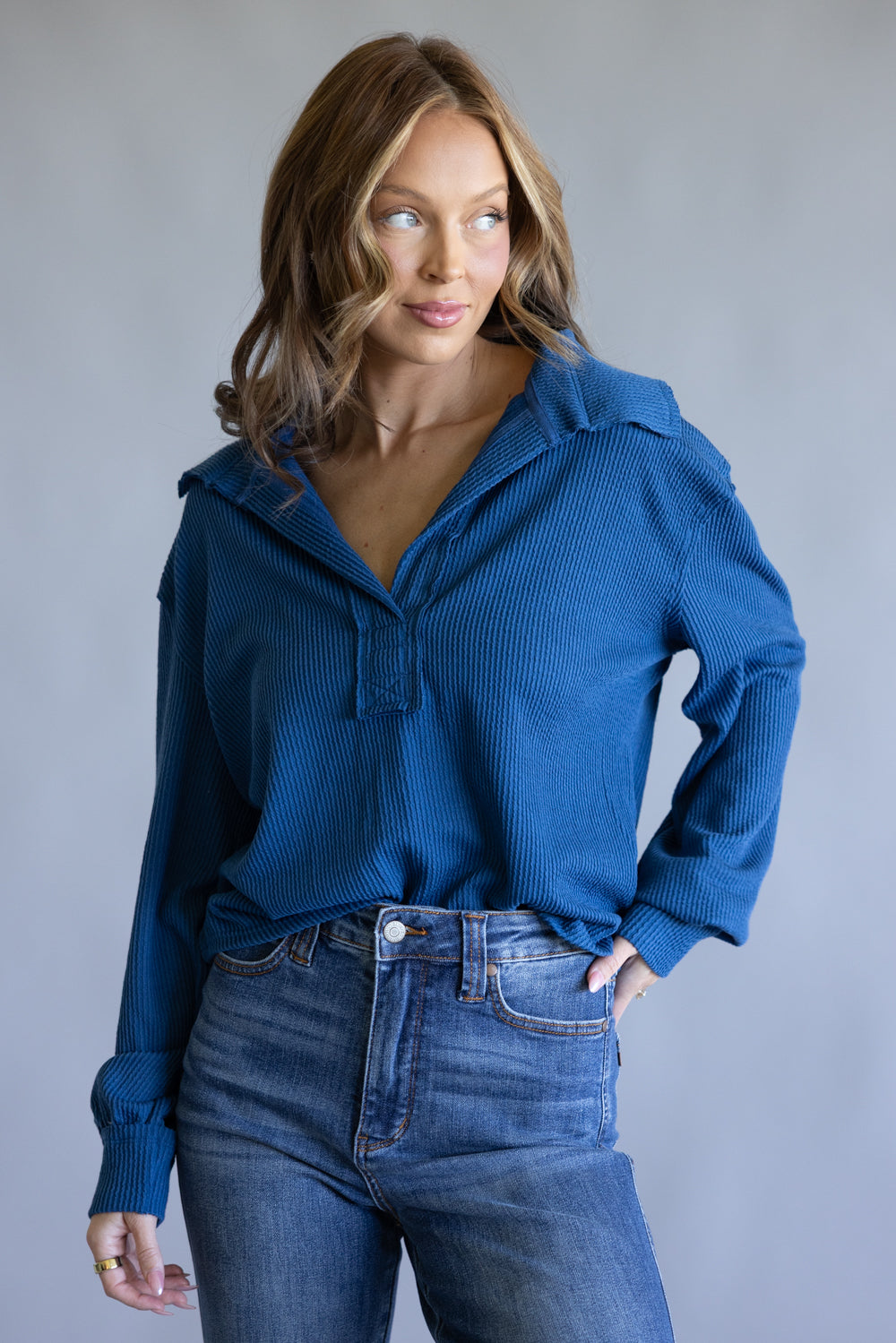 Simply Southern Knit Johnny Collar for Women in Dark Blue