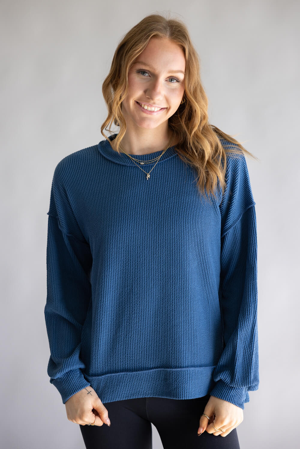 トップス STONE  ds knit blue Simply Southern Amber Knit Top for Women in Dark Blue | PP-0225