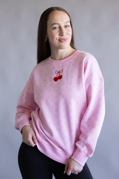 Simply Southern Cherry Varsity Crew Sweatshirt for Women in Pink