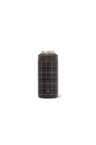 A slim can cooler in dark brown with a white plaid pattern, shown on a clean white background.