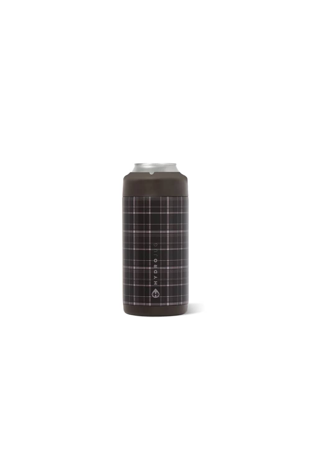 A slim can cooler in dark brown with a white plaid pattern, shown on a clean white background.