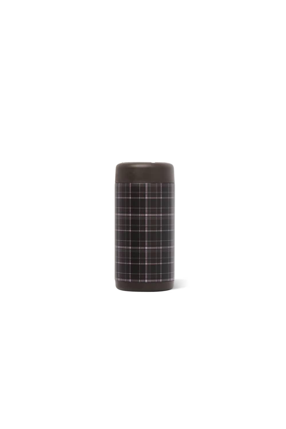 A dark brown cylindrical can cooler with a black and white plaid pattern on the body, set against a plain white background.