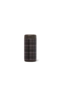 A dark brown cylindrical can cooler with a black and white plaid pattern on the body, set against a plain white background.