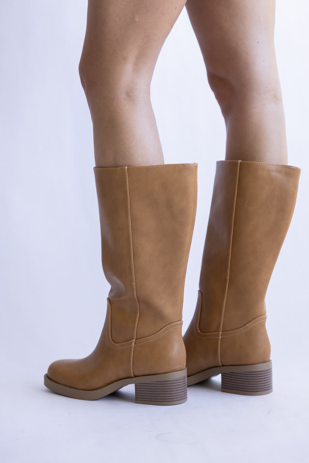 Soda Mid Calf Faux Leather Boots for Women in Natural