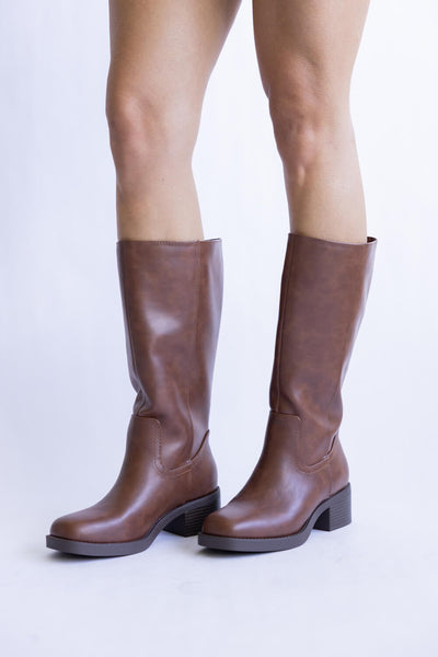 Soda Mid Calf Faux Leather Boots for Women in Cognac