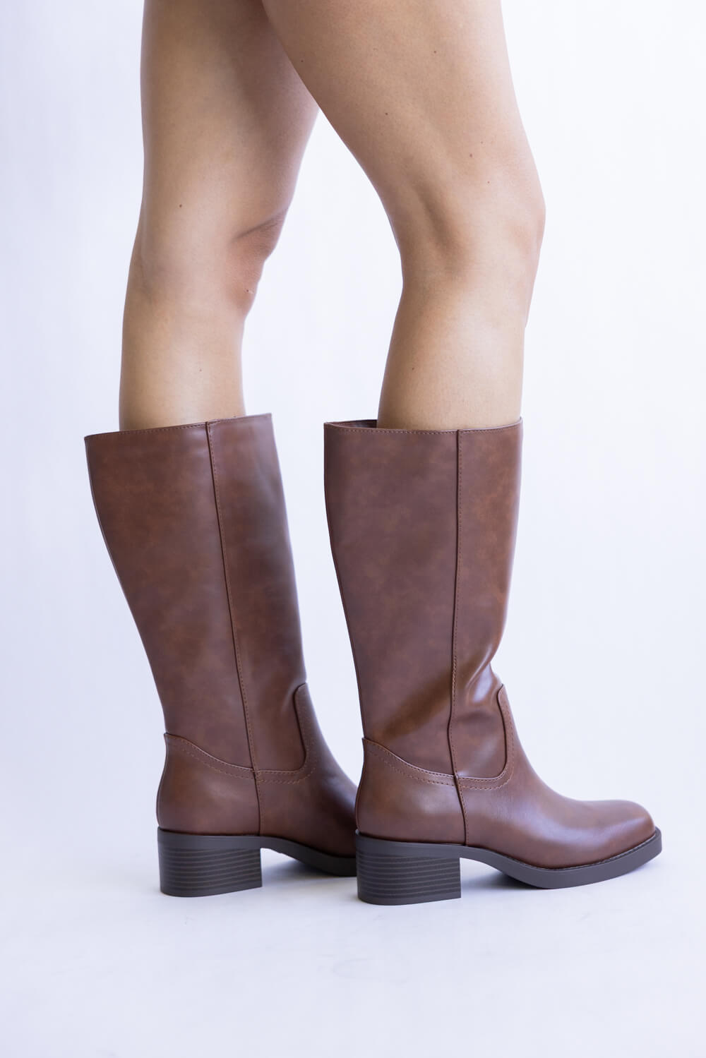 Soda Mid Calf Faux Leather Boots for Women in Cognac