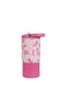 A pink insulated travel tumbler with a matching pink lid, featuring a white patterned sleeve decorated with pink unicorns, boots, and stars.