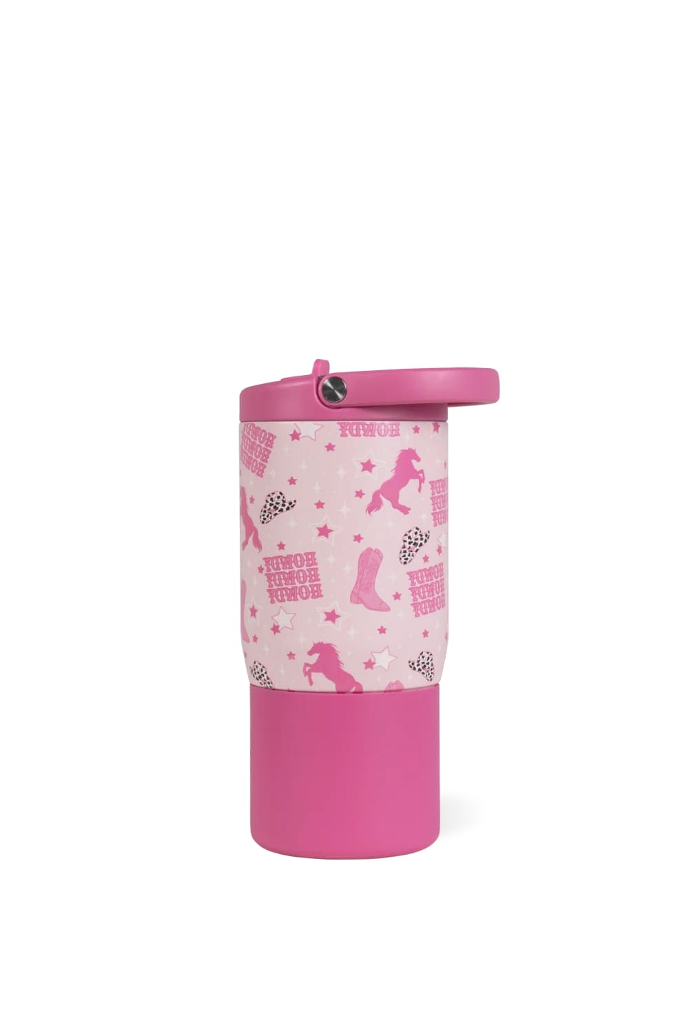 A pink insulated travel tumbler with a matching pink lid, featuring a white patterned sleeve decorated with pink unicorns, boots, and stars.