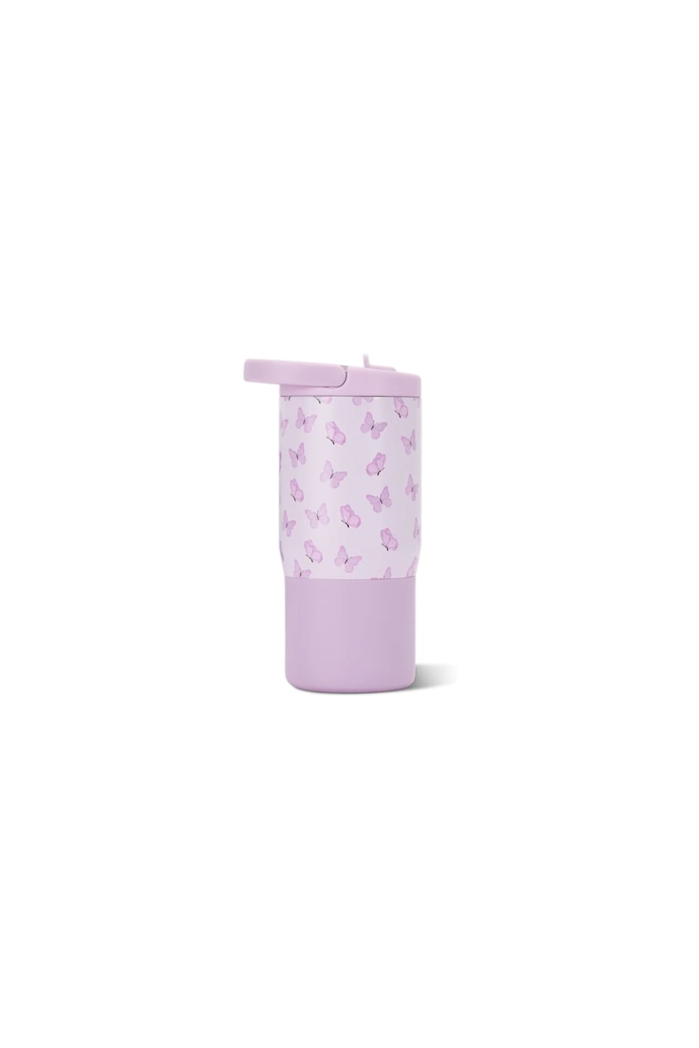 A light purple travel tumbler with a matching lid, featuring a white patterned sleeve with small purple illustrations on the upper half.