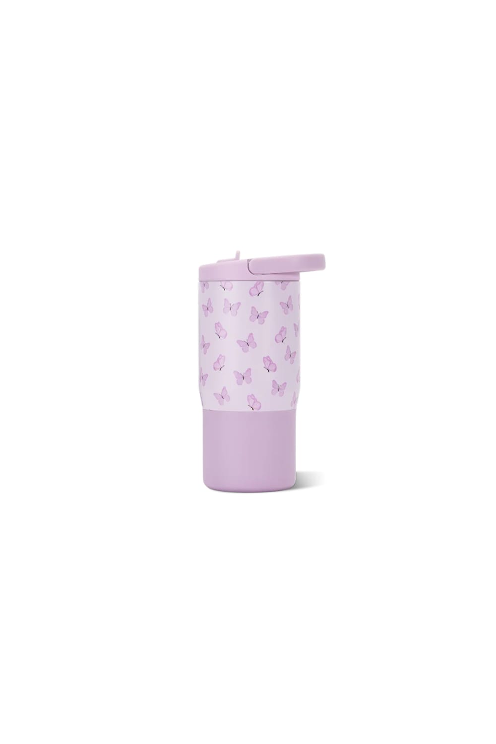 A light purple travel tumbler with a matching lid and a pink butterfly pattern on the upper half, set against a plain white background.