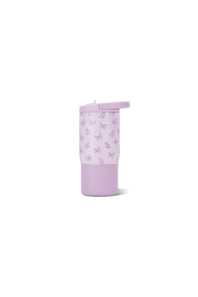 A light purple travel tumbler with a matching lid and a pink butterfly pattern on the upper half, set against a plain white background.