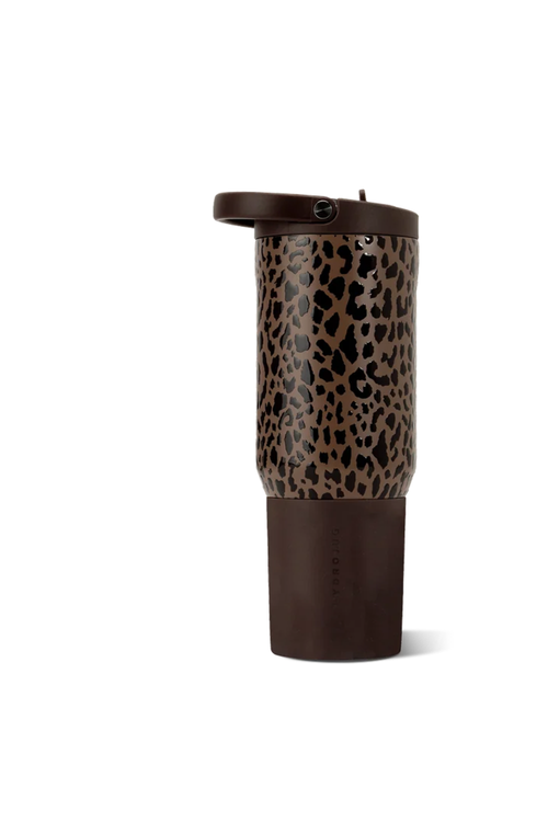 A travel tumbler with a brown and black leopard print pattern on the upper body and a solid dark brown base and lid, shown on a clean white background.