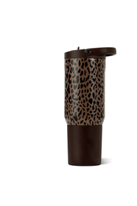 A travel tumbler with a brown and black leopard print pattern on the upper half and a solid dark brown lower half and lid, shown on a plain white background.