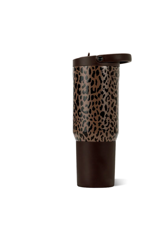 A travel tumbler with a brown and black leopard print pattern on the upper half and a solid dark brown lower half and lid, shown on a plain white background.
