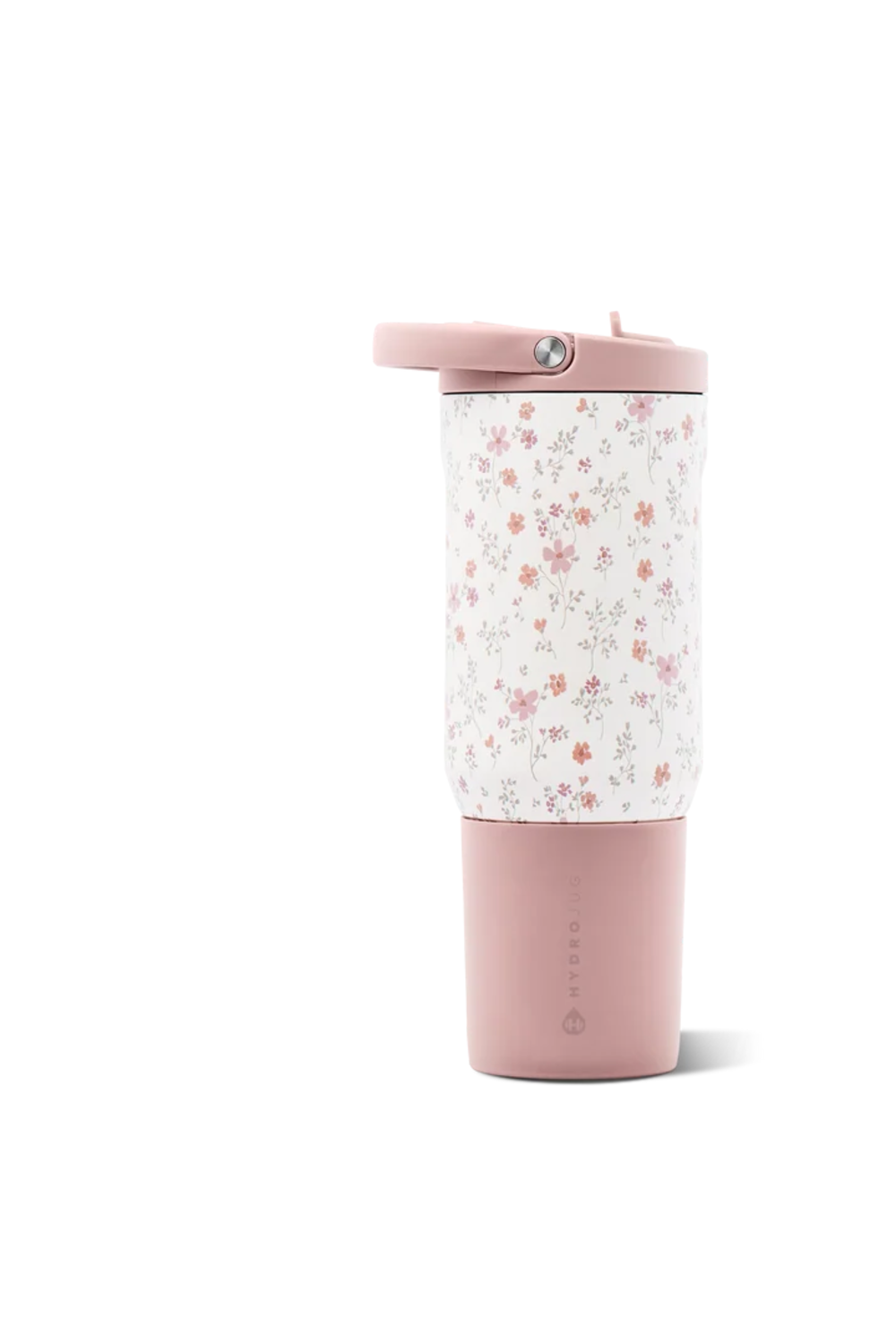 A travel tumbler with a dusty pink base and lid, featuring a white body printed with a small pink and orange floral pattern, shown on a white background.