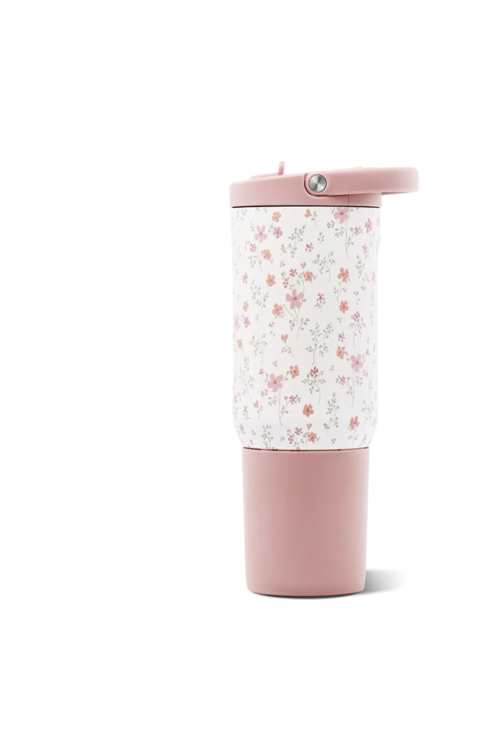 A travel tumbler with a dusty pink lid and base, featuring a white middle section printed with a delicate pink and orange floral pattern, shown on a white background.