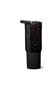 A tall travel tumbler with a black base and a tortoiseshell-patterned upper section, featuring a black flip-top lid, shown on a plain white background.