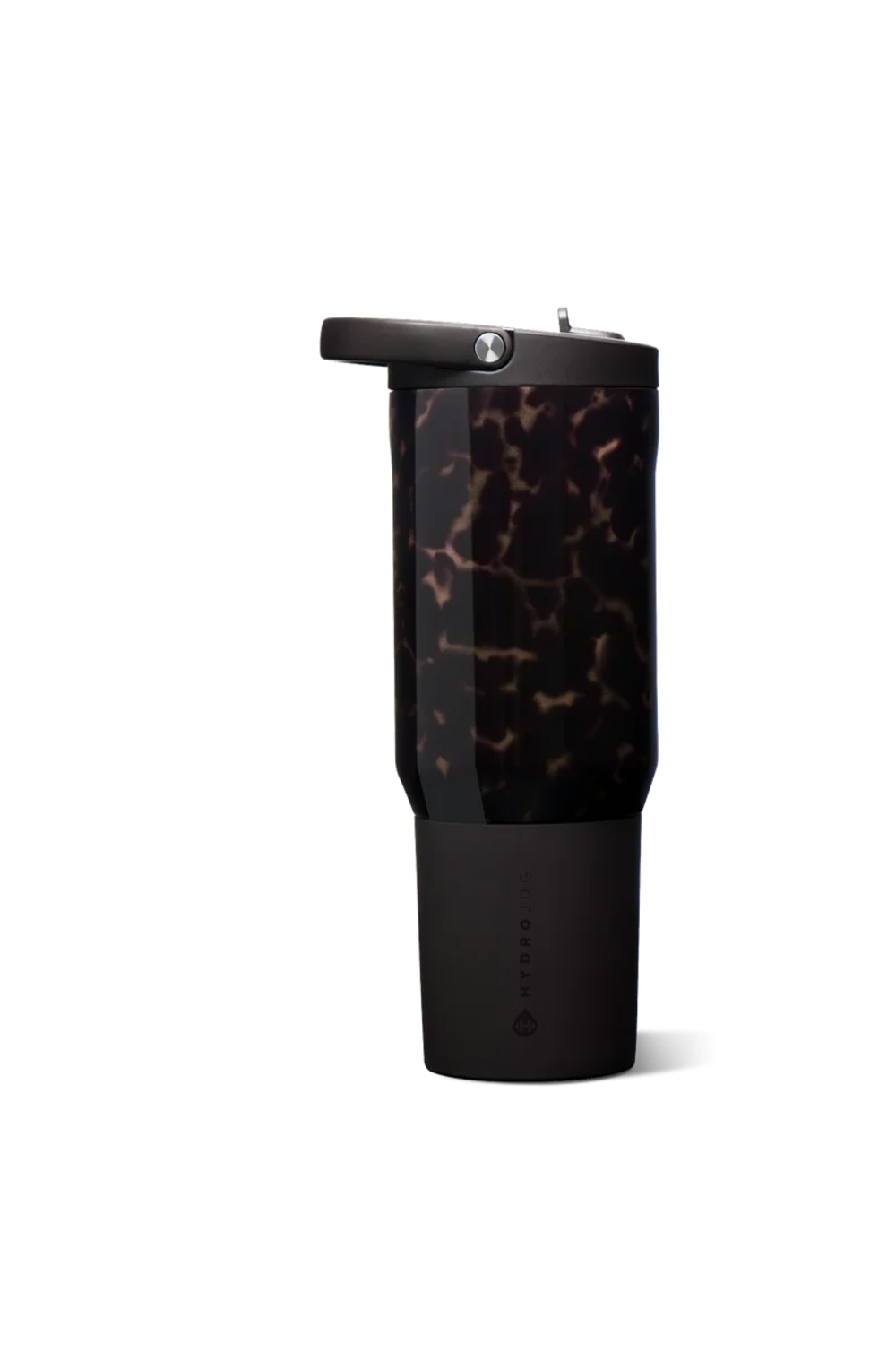 A tall travel tumbler with a black base and a tortoiseshell-patterned upper section, featuring a black flip-top lid, shown on a plain white background.