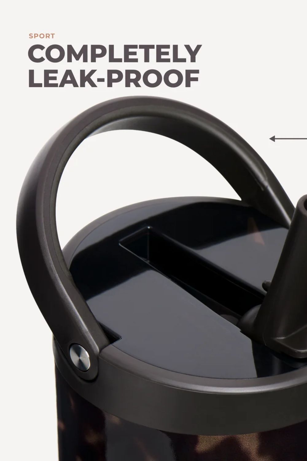 Close-up of a dark leak-proof lid with a carrying loop and text reading 'COMPLETELY LEAK-PROOF' on a light background.