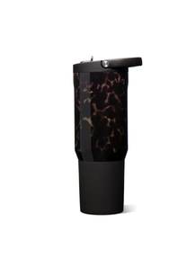 A travel tumbler with a glossy black base and a dark tortoiseshell pattern upper body, featuring a black lid with a small silver logo and a straw opening, set against a plain white background.
