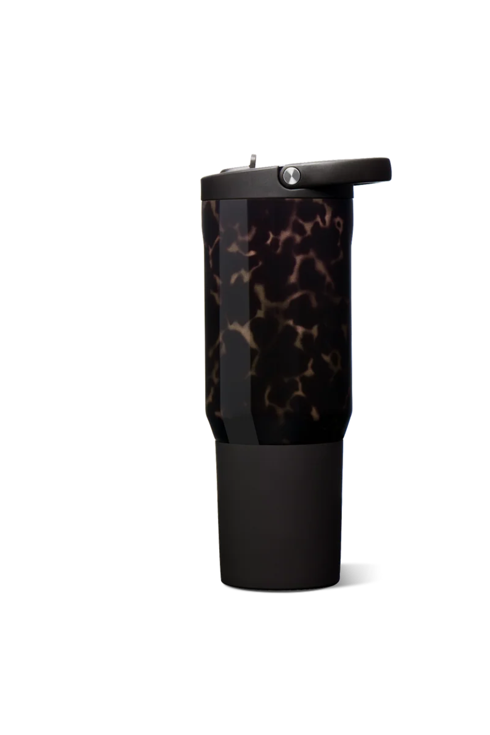 A travel tumbler with a glossy black base and a dark tortoiseshell pattern upper body, featuring a black lid with a small silver logo and a straw opening, set against a plain white background.