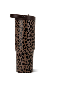 A travel tumbler with a brown and black leopard print pattern and a dark brown lid, shown on a clean white background.