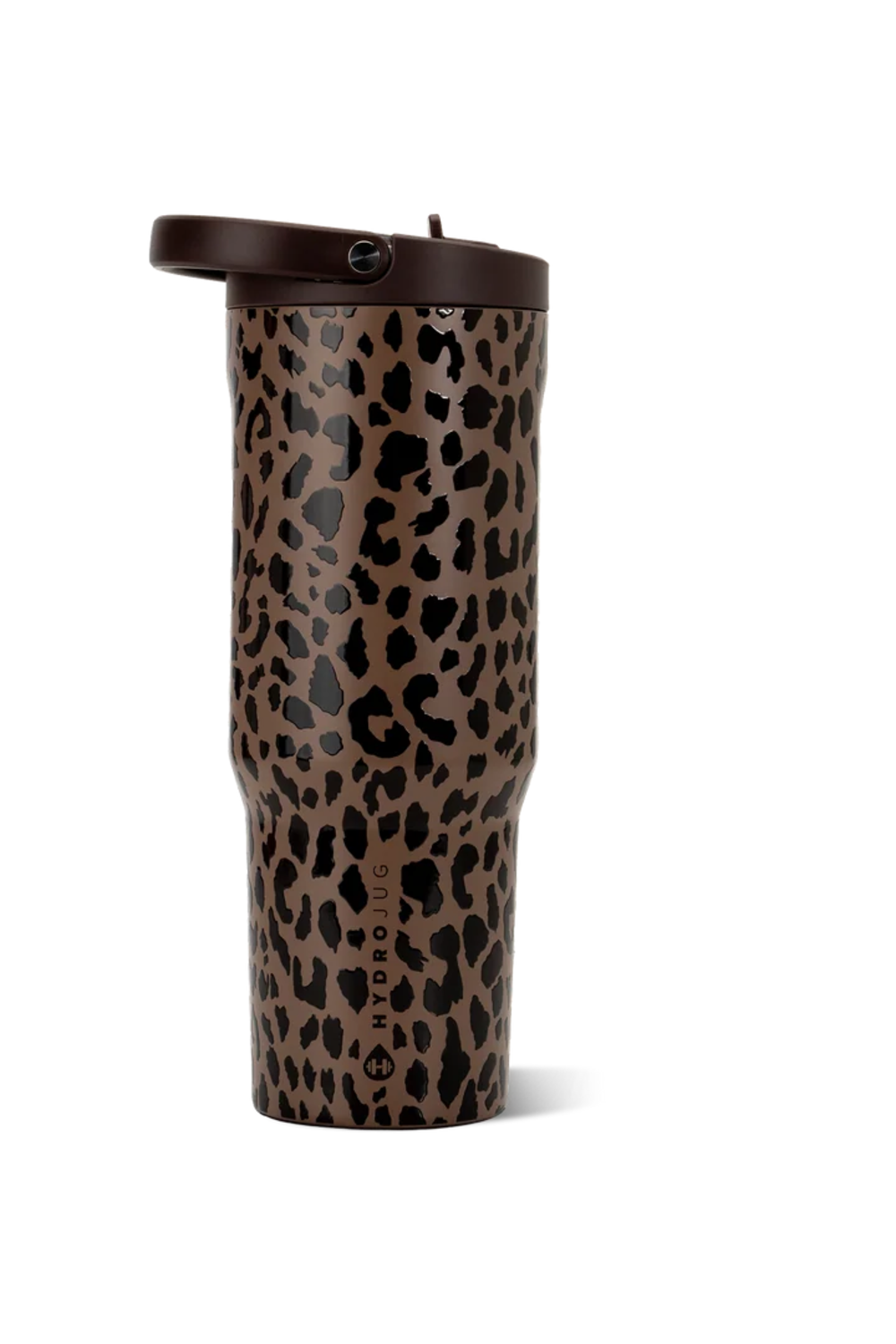 A travel tumbler with a brown and black leopard print pattern and a dark brown lid, shown on a clean white background.