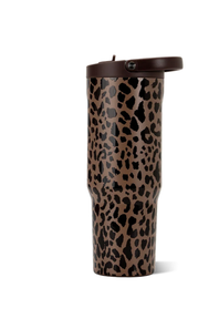 A tall insulated travel tumbler with a brown and black leopard print pattern and a dark brown flip-top lid, shown on a plain white background.