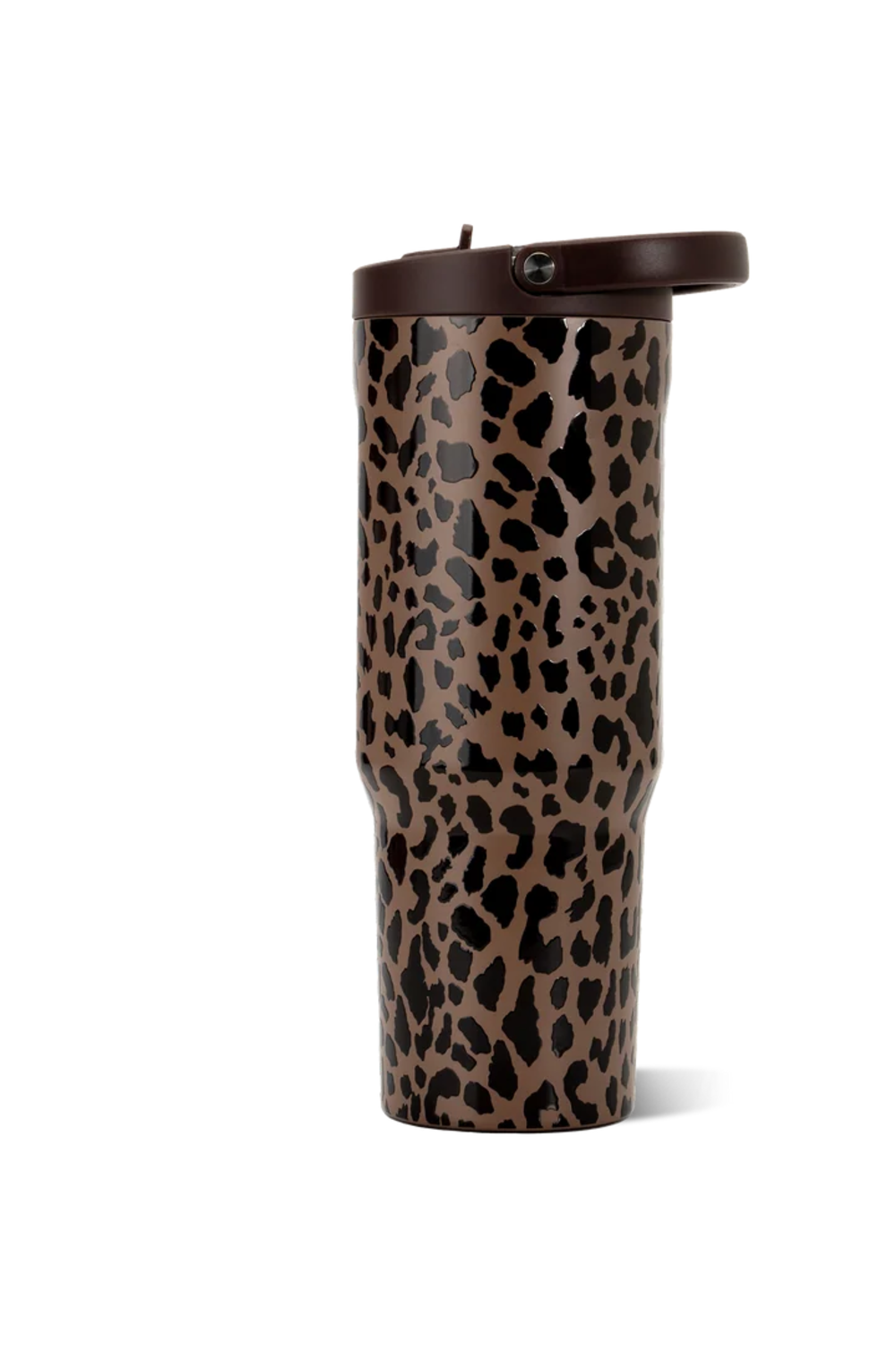 A tall insulated travel tumbler with a brown and black leopard print pattern and a dark brown flip-top lid, shown on a plain white background.