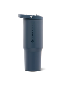 A dark slate blue HydroLug travel tumbler with a matching flip-top lid, shown on a clean white background.