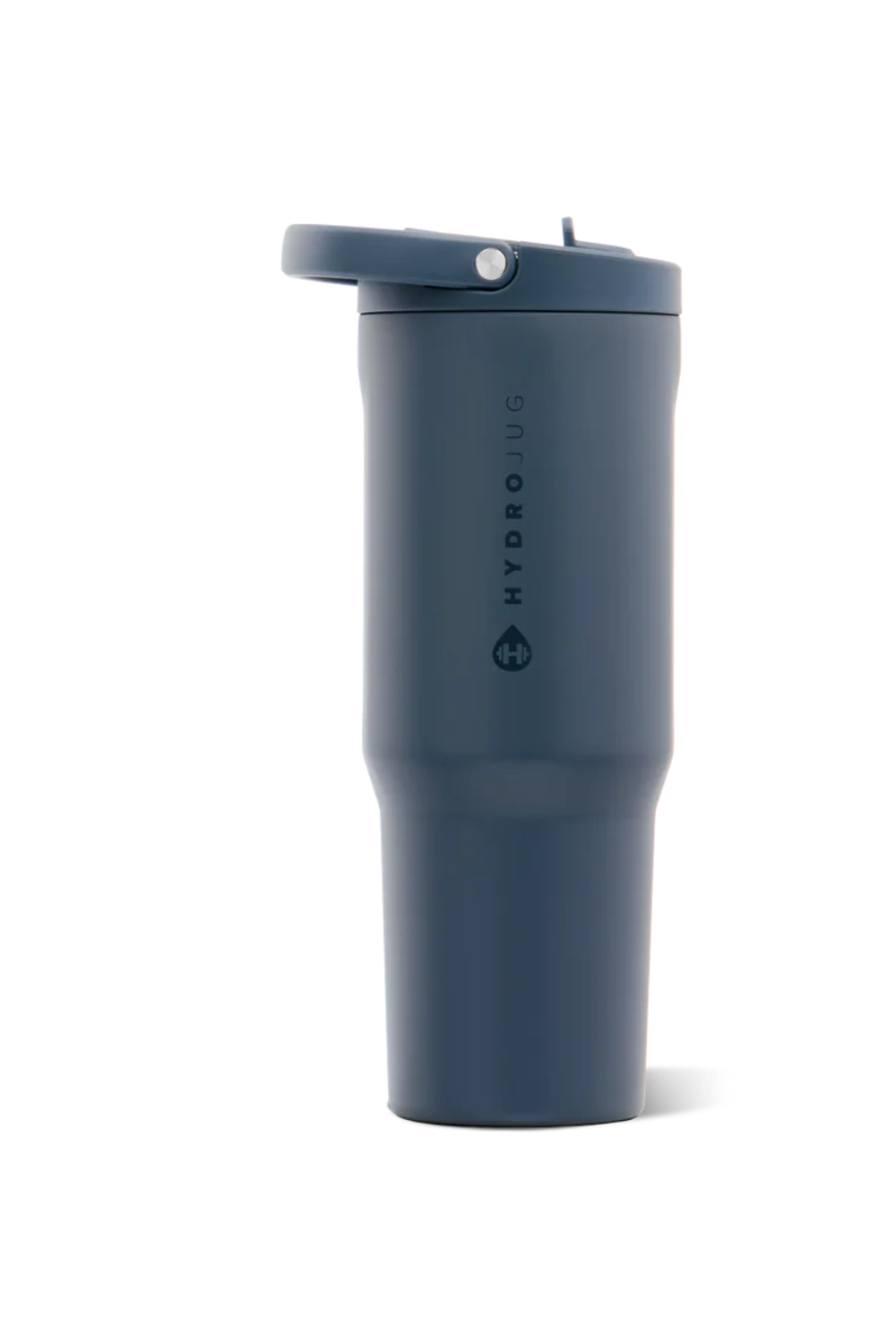 A dark slate blue HydroLug travel tumbler with a matching flip-top lid, shown on a clean white background.