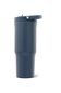 A matte navy blue insulated travel tumbler with a matching flip-top lid, shown on a clean white background.
