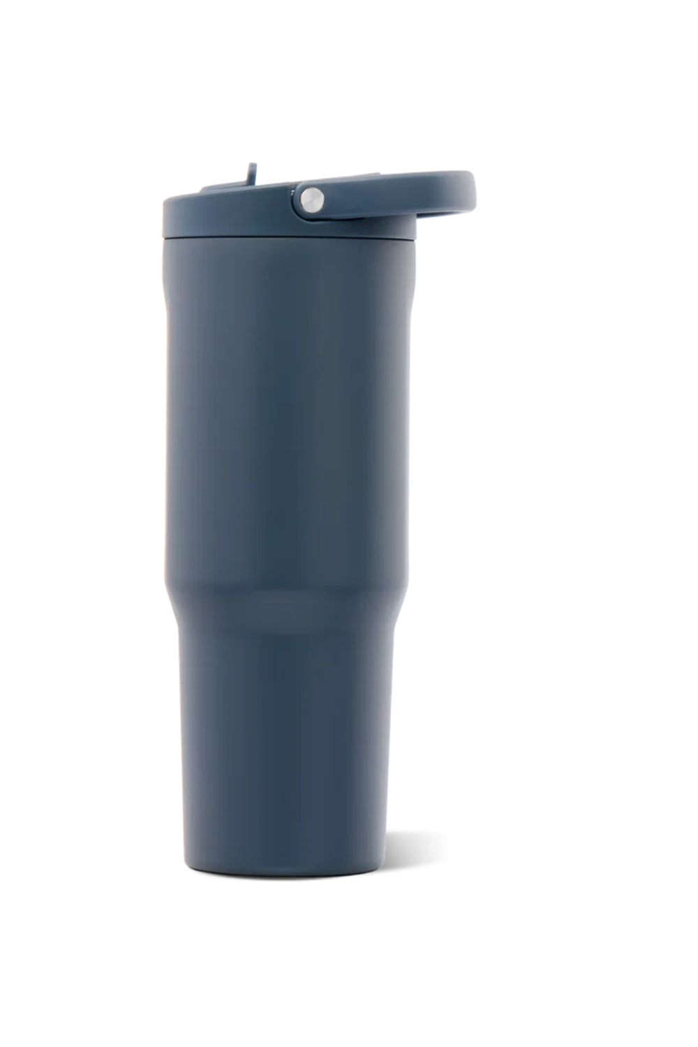 A matte navy blue insulated travel tumbler with a matching flip-top lid, shown on a clean white background.
