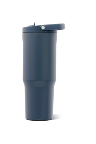 A matte navy blue insulated travel tumbler with a matching flip-top lid, shown on a clean white background.