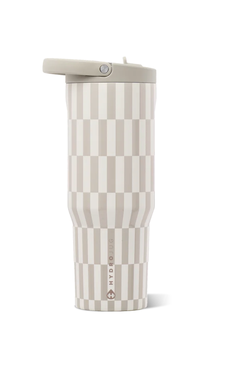 Hydro stainless steel travel tumbler with a beige and off-white checkerboard pattern, featuring a matching beige lid and straw cover, shown on a white background.