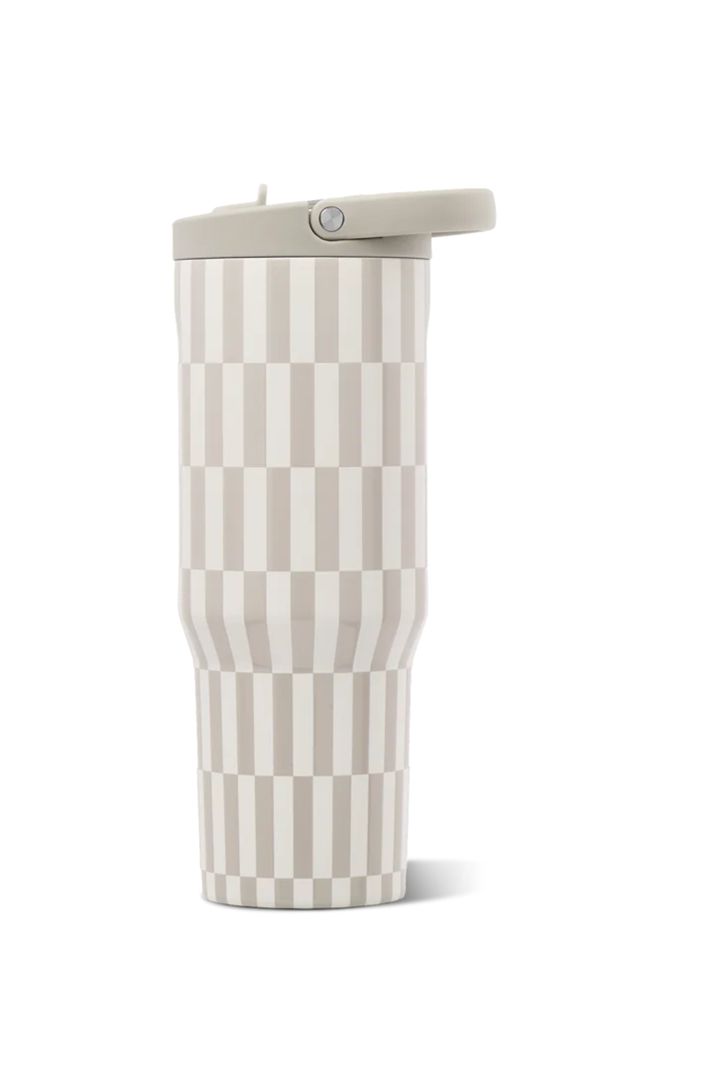 A tall travel tumbler with a beige and off-white checkerboard pattern, featuring a matching beige lid on a clean white background.