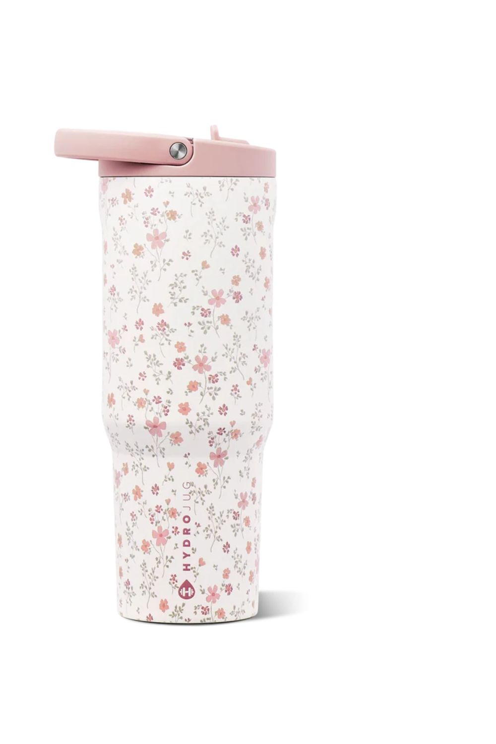 A Hydro Jug travel tumbler with a white background covered in a delicate pink and red floral pattern, featuring a light pink lid with a flip-up straw cover.