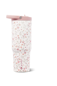 A HydroJug travel tumbler with a white background covered in a delicate pink and red floral pattern, featuring a light pink lid with a flip-up straw cover.