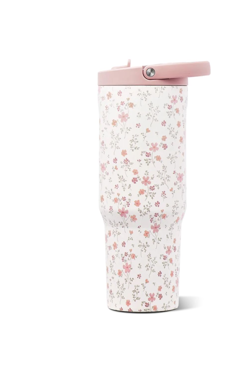 A HydroJug travel tumbler with a white background covered in a delicate pink and red floral pattern, featuring a light pink lid with a flip-up straw cover.