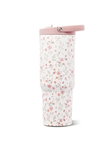 A tall insulated tumbler with a white background and a delicate pink and orange floral pattern, featuring a light pink lid with a flip-up straw cover.