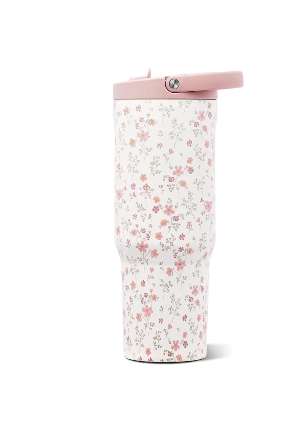 A tall insulated tumbler with a white background and a delicate pink and orange floral pattern, featuring a light pink lid with a flip-up straw cover.