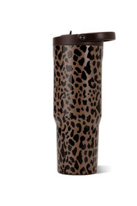 A travel tumbler with a brown and black leopard print pattern and a dark brown lid, shown on a plain white background.