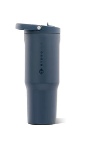 A dark cascade blue HydroJug travel tumbler with a matching flip-top lid, shown on a clean white background.