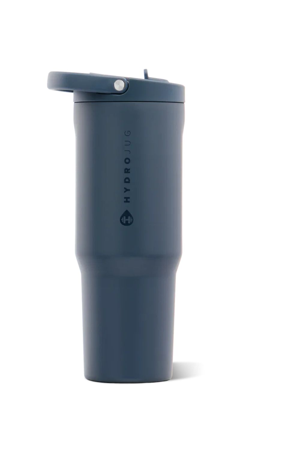 A dark cascade blue HydroJug travel tumbler with a matching flip-top lid, shown on a clean white background.