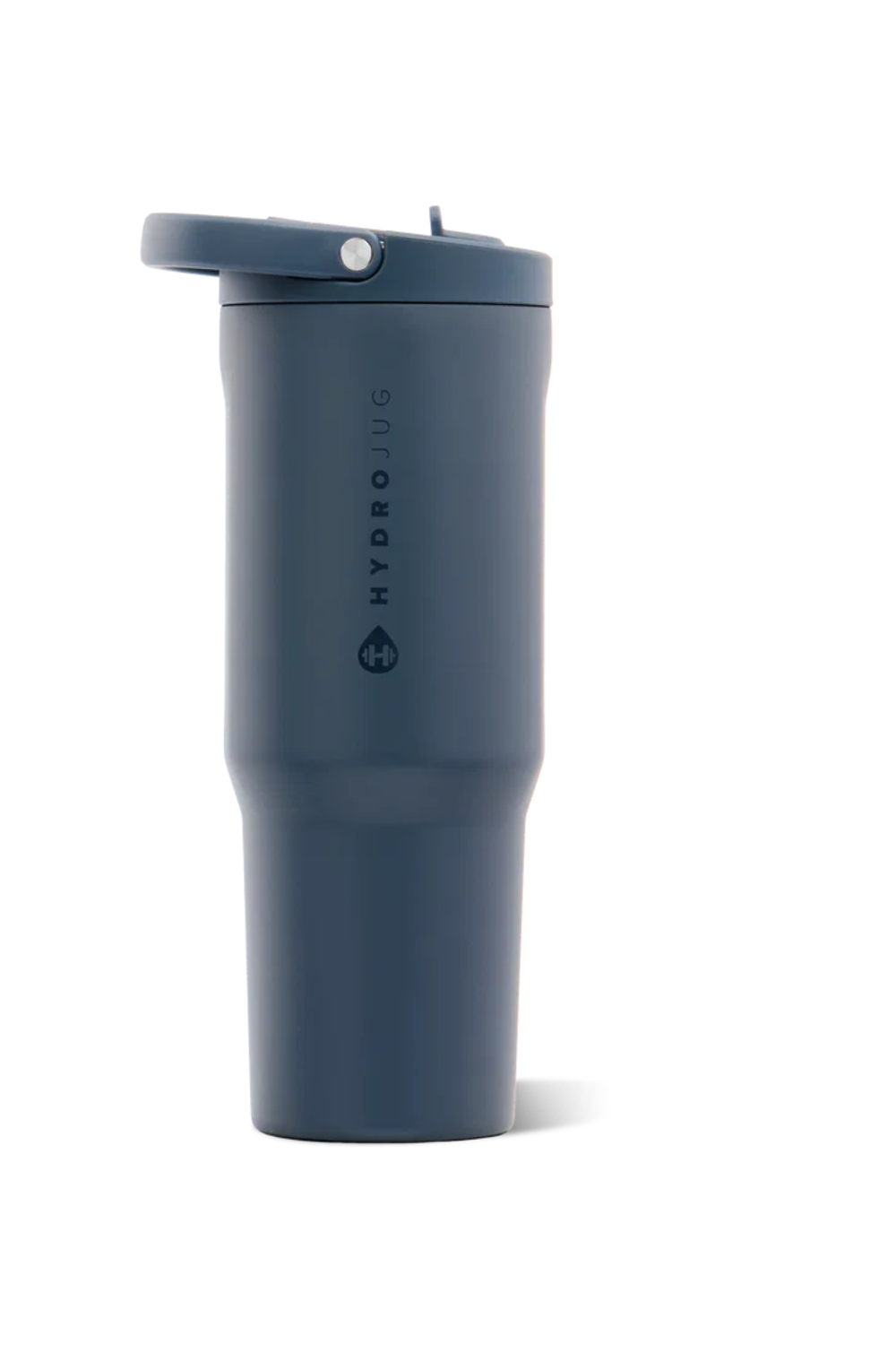 A dark cascade blue HydroJug travel tumbler with a matching flip-top lid, shown on a clean white background.